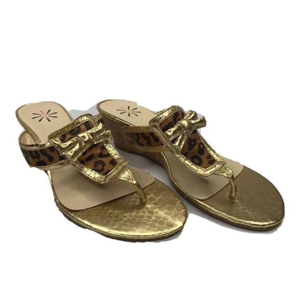 Isaac Mizrahi Balmy Thong Sandals Womens 7M Brown Gold Leopard Print Cork Wedge